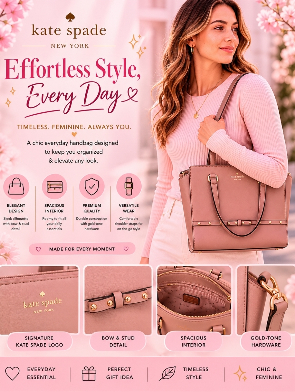 Kate Spade New York Saffiano Leather Satchel | Bow Detail | Blush
